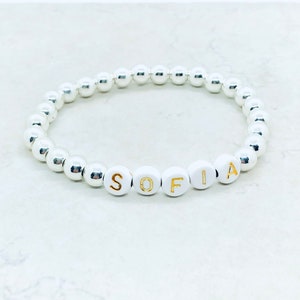 pulsera de nombre con cuentas de plata para niñas, pulsera de mantra personalizada, pulsera de hematita para mujeres, tienda metafísica, regalo del Día de las Madres de la hija