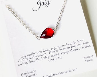 sterling silver July birthstone necklace for mom, best friend birthday gift, red crystal necklace for women, mothers day gift from daughter