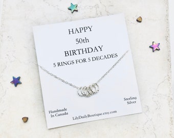 Happy 50th birthday gifts for best friend, 5 rings 5 decades necklace, five ring necklace, 5 rings necklace, birthday girl, best sellers