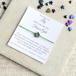 FLOWER GIRL PROPOSAL Bracelet, Will You Be My Flower Girl Jewelry, Wish Bracelet, Personalized Flower Girl Gift, Silver Flower Bracelet, Tie