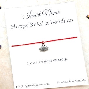 Pulseira Rakhi moderna, Pulseira de lótus prateada, Cartão Raksha Bandhan personalizado, Rakhi para irmã, Cartão Rakhi, Rakhi contemporâneo