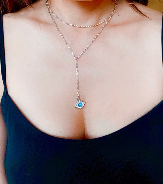 Silver Evil Eye Y Necklace, Double Layer Protection Necklace