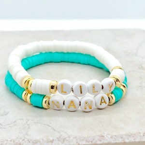 Pulseira elástica de disco heishi, pulseira com letras, pulseira com palavra personalizada, pulseira com nome personalizado, presente de aniversário da avó, presente nana