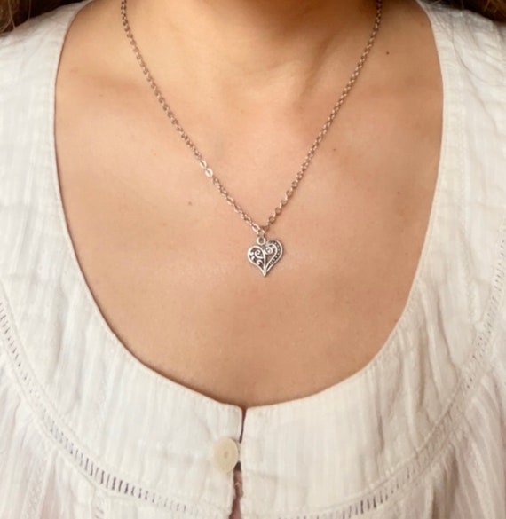 Heart Necklace Filigree Sterling Silver Pendant Teen, Includes Chain Heart Necklace Filigree Sterling Silver Pendant Teen, Includes Chain