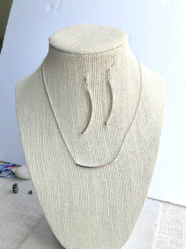 Minimalist Necklace Silver Curved Bar Necklace and Earring Etsy