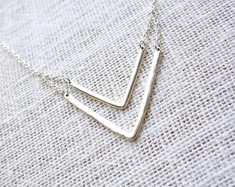 Sterling Silver Double Chevron Necklace, Minimalist Layered V Necklace