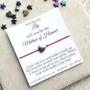MATRON OF HONOR Proposal Gift, Silver Heart Bracelet For Women, Will You Be My Matron of Honor Card, Wish Bracelet, Personalized Bridesmaid