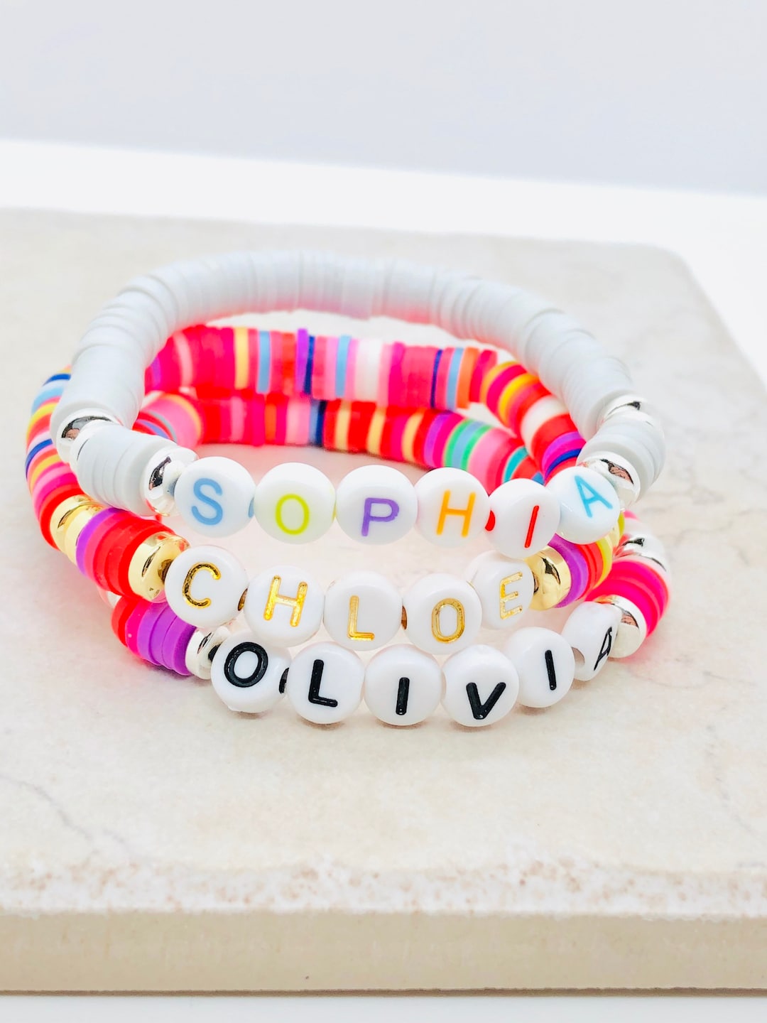 Beaded Name Bracelet Custom Friendship Letter Bead Bracelet, Clay Disc ...