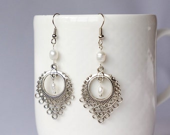 BOHO bridal earrings, sterling silver freshwater pearl earrings dangle, June birthstone jewelry gifts for her, pearl bridesmaid earrings