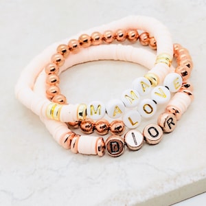 mama bracelet personalized word bracelet custom name bracelet, rose gold bead bracelet, blush pink bracelet, mantra bracelets for women