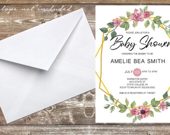 Geometric Watercolor Floral Baby Shower invitation 5x7