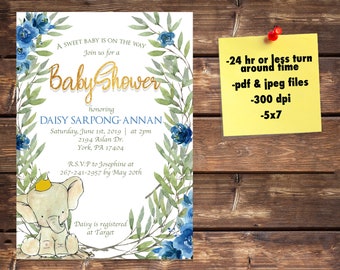 Baby Elephant Wreath Baby Shower Invitation 5x7