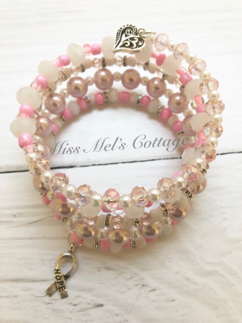 Sparkling Pink Ribbon Breast Cancer Awareness Memory Wire Beaded BraceletWrap bracelethopesupportpink ribbonOctobergift