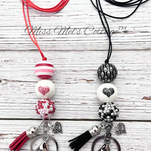 Heart Lanyard/Necklace/acrylic beads/Beaded/Adjustable/breakaway clasp/Badge Holder/red/black/heart/Valentine/Love/teacher/friend/gift