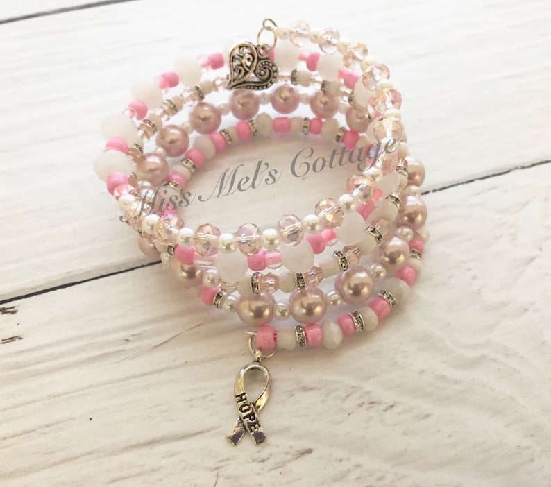 Sparkling Pink Ribbon Breast Cancer Awareness Memory Wire Beaded BraceletWrap bracelethopesupportpink ribbonOctobergift