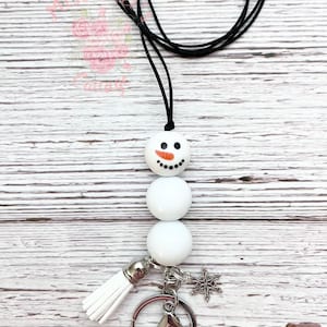 Snowman Lanyard, Necklace, Beaded, badge holder, breakaway, chunky beads, teacher, friend, white, snow, Christmas, gift, read description
