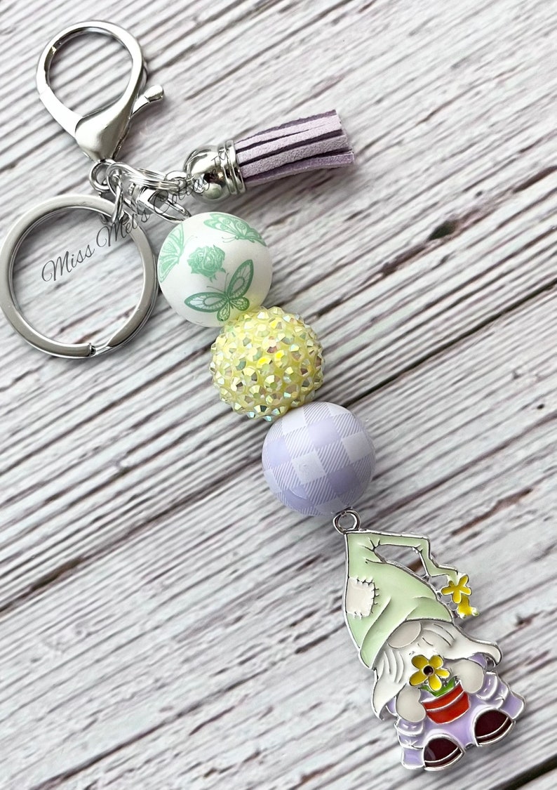 Spring Gnome keychain/purse/zipper/bag/key fob/beaded/charm/flowers/summer/chunky beads/garden gnome/birthday/friend/mom/Easter/gift image 5