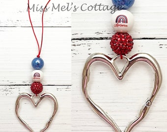 Patriotic Beaded Heart Car Charm, USA Ornament, Necklace