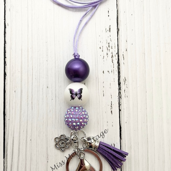 Butterfly Lanyard/Necklace/Beaded/Adjustable/breakaway/purple butterfly/chunky beads/teacher/appreciation/friend/birthday/mothers day/gift