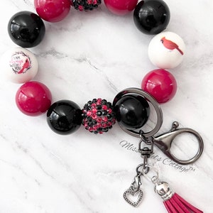 Pulsera con llavero de cardenal/con cuentas/elástica/muñequera/maestra/cumpleaños/cuentas gruesas/siempre estoy contigo/mamá/amiga/San Valentín/cumpleaños/regalo