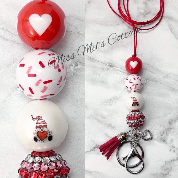 Love Gnome Lanyard/Necklace/Beaded/Adjustable/Badge Holder/breakaway clasp/chunky acrylic beads/teacher/friend/birthday/Valentine/gift