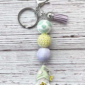 Spring Gnome keychain/purse/zipper/bag/key fob/beaded/charm/flowers/summer/chunky beads/garden gnome/birthday/friend/mom/Easter/gift image 1