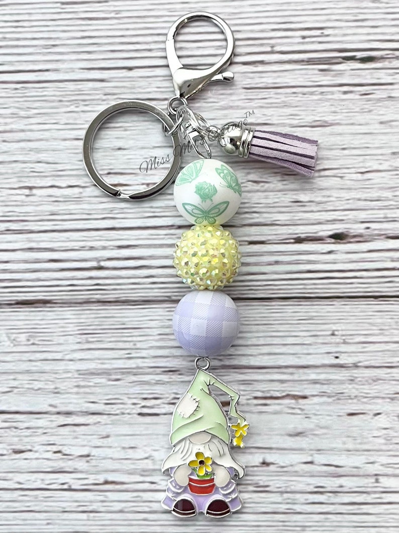 Spring Gnome keychain/purse/zipper/bag/key fob/beaded/charm/flowers/summer/chunky beads/garden gnome/birthday/friend/mom/Easter/gift image 1