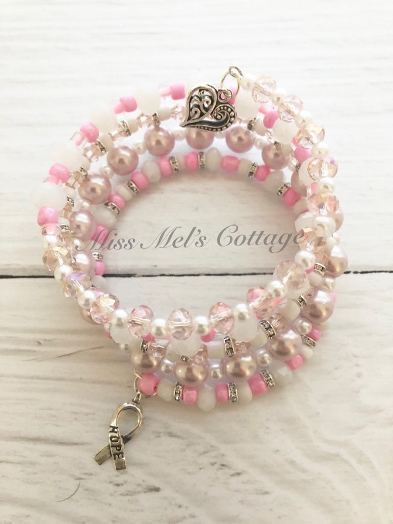 Sparkling Pink Ribbon Breast Cancer Awareness Memory Wire Beaded BraceletWrap bracelethopesupportpink ribbonOctobergift