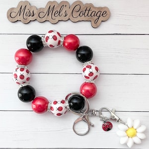 Pulsera con llavero de mariquita/con cuentas/pulsera elástica/pulsera/cuentas gruesas/con dije de margarita extraíble/mariquita/amigo/maestro/jefe/mamá/regalo