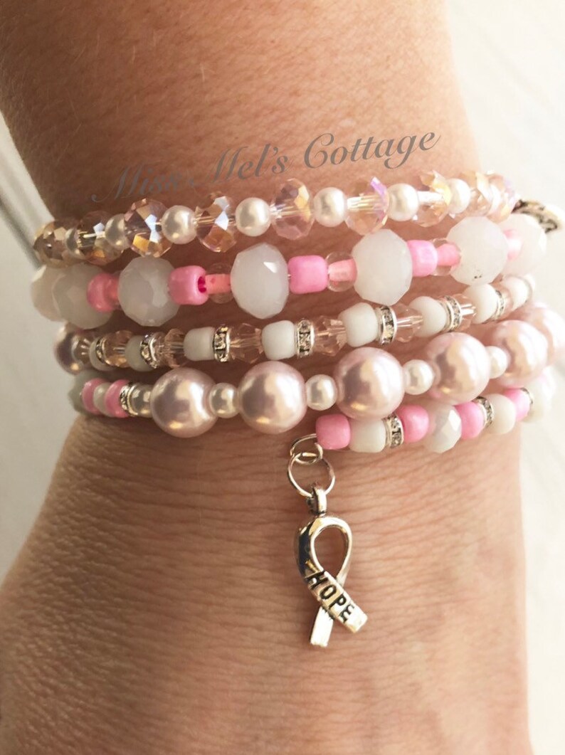Sparkling Pink Ribbon Breast Cancer Awareness Memory Wire Beaded BraceletWrap bracelethopesupportpink ribbonOctobergift