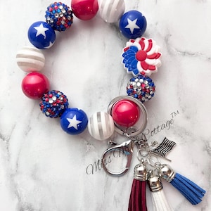 Pulsera de llavero patriótica/con cuentas/pulsera elástica/pulsera/cuentas gruesas/borla/rojo, blanco y azul/estrellas y rayas/4 de julio/regalo