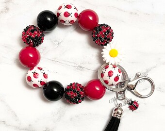 Ladybug keychain bracelet/wristlet/Daisy/love bug/ladybugs/beaded/stretch bracelet/chunky beads/teacher/friend/birthday/mothers day/gift