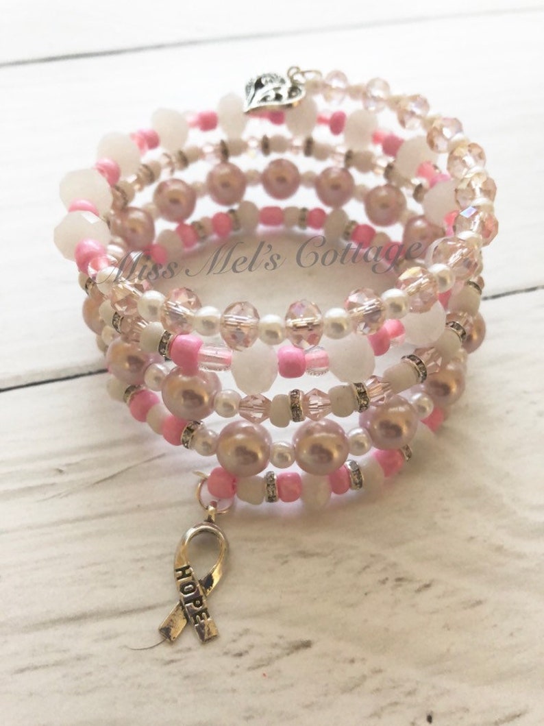 Sparkling Pink Ribbon Breast Cancer Awareness Memory Wire Beaded BraceletWrap bracelethopesupportpink ribbonOctobergift