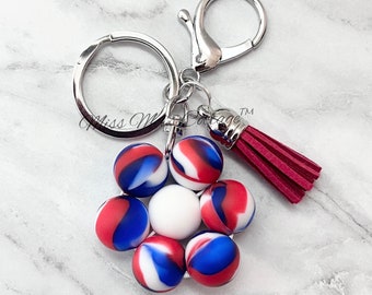 Patriotic Flower Keychain/Charm/beaded/purse/bag/zipper/key fob/silicone/red white and blue/4th of July/teacher/friend/boss/election/gift