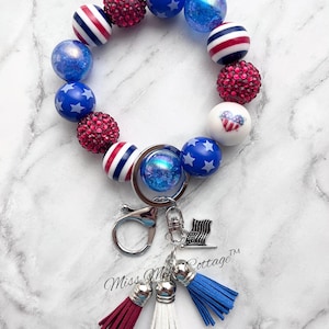 Pulsera con llavero patriótico/elástica/muñequera/borla/cuentas gruesas/rojo, blanco y azul/estrellas y rayas/4 de julio/regalo/más grande/ajuste holgado