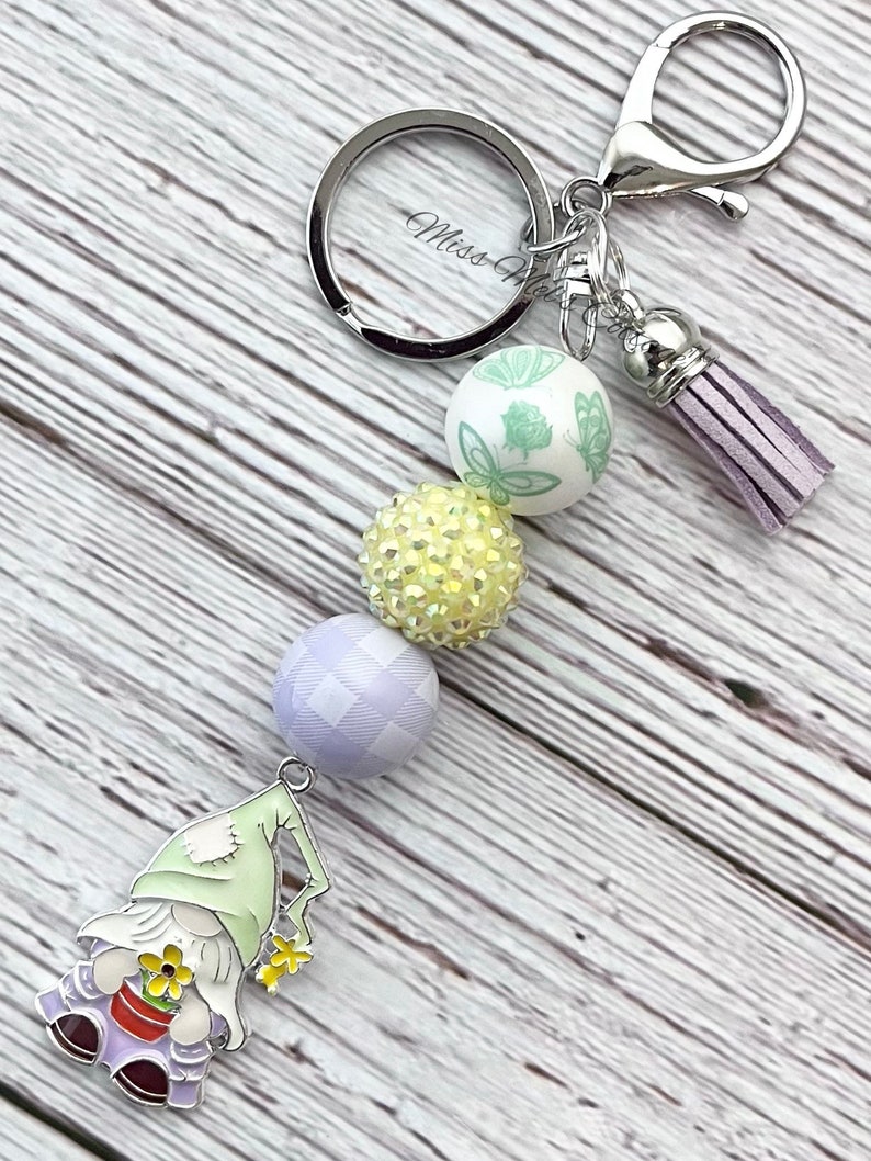 Spring Gnome keychain/purse/zipper/bag/key fob/beaded/charm/flowers/summer/chunky beads/garden gnome/birthday/friend/mom/Easter/gift image 3