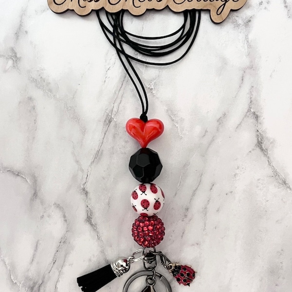 Ladybug Lanyard, Necklace, Love Bug, Beaded, breakaway, adjustable, badge holder, acrylic beads, teacher, friend, birthday, Valentine, gift