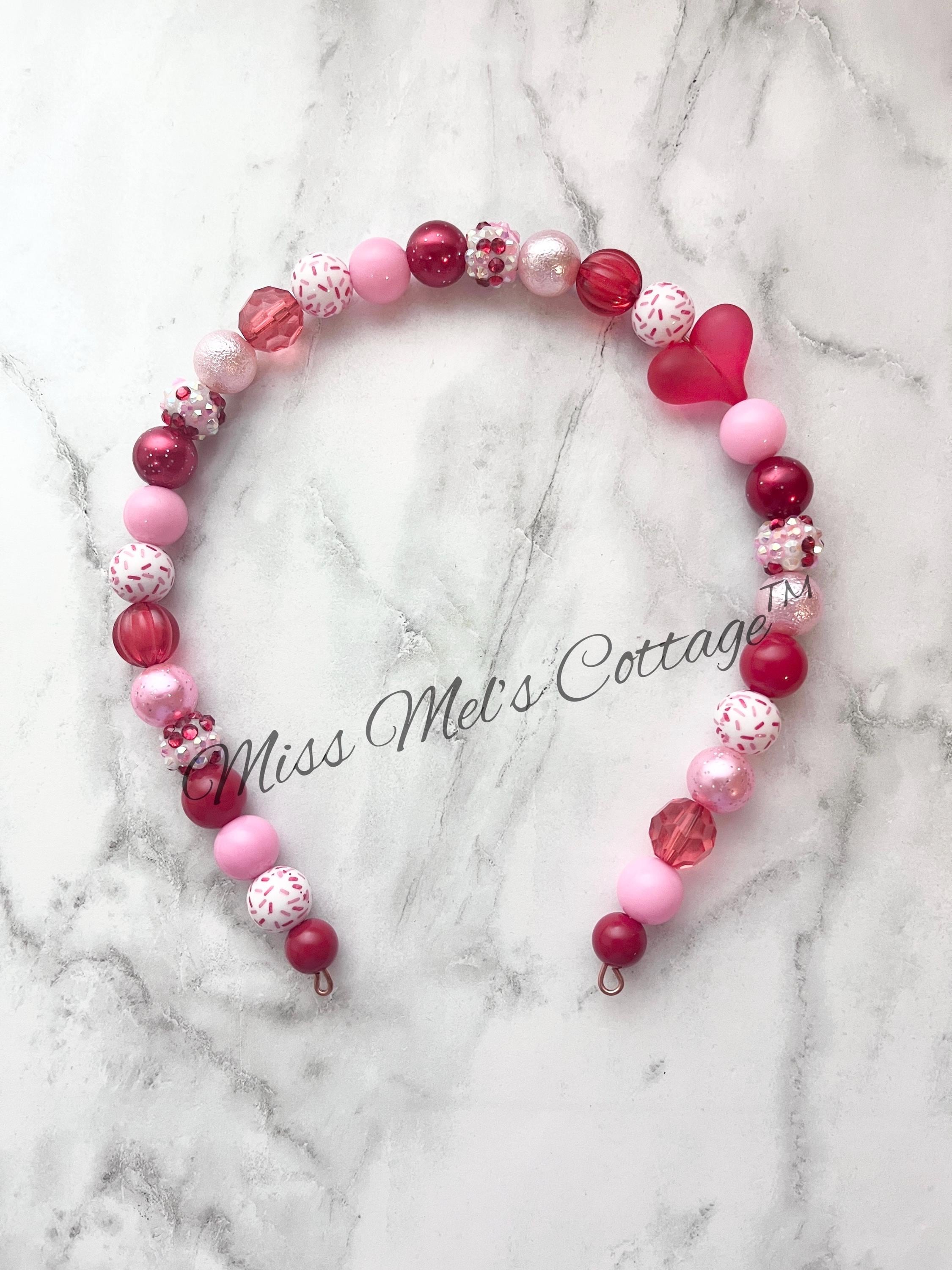 Coral Pink Beaded Knot Velvet Headband Deep Pink Acrylic Beads Handmade Knotted Embellished Knot Headband - Tweed Beaded Candy Valentine Heart main image 3