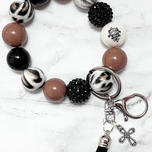 Pulsera con llavero bendecido/con cuentas/elástica/de muñeca/con cuentas gruesas/con estampado de leopardo/guepardo/para maestra/mamá/jefe/amiga/cumpleaños/regalo/talla más grande/holgada
