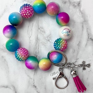 Agradecido, Agradecido, Bendecido, Pulsera llavero/con cuentas/elástica/muñequera/cuentas gruesas/arcoíris/maestro/amiga/mamá/cumpleaños/día de la madre/regalo