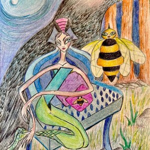 Original pop surrealism art, framed figure art original, one of a kind drawing, female artist, colored pencil artwork, lowbrow, gift for her