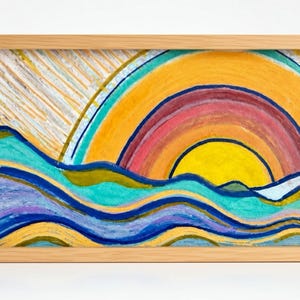 Hand Painted Ceramic Tile 3x6 Abstract Sunrise Ocean Waves Colorful Boho Sunset Wall Art Small Coastal Rainbow Tile Beach House Gift