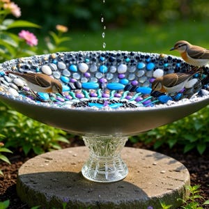 Könnte beinhalten: Ein dekoratives Vogelbad mit einem mosaikgefliesten Becken, das blaue, weiße und violette Steine aufweist. Drei kleine braune Vögel sitzen am Rand und im Becken. Das Vogelbad wird von einem durchsichtigen, verzierten Glassockel getragen.