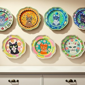 Whimsical Cat Art Colorful Portrait Paintings Eclectic Maximalist Home Decor Boho Cat Lover Gift Playful Kitty Small Gallery Wall Set