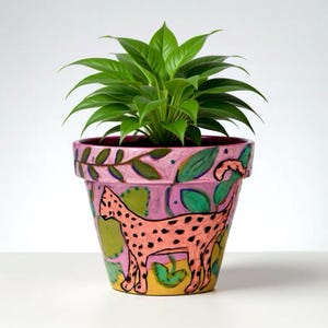 Maceta de cerámica con estampado de leopardo pintada a mano, colorida, estilo bohemio de la selva, para plantas de interior y exterior, ideal para suculentas y hierbas. Regalo perfecto para amantes de los animales.