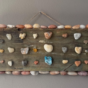 Rustic home decor, driftwood wall art, cabin decor, farmhouse decor, rustic wall hanging, heart shaped rock, anniversary gift, gift for her