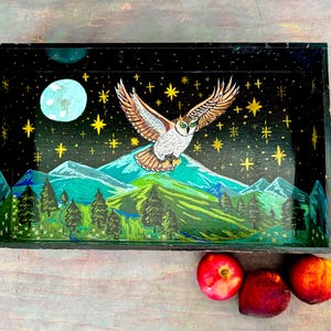 Hand Painted Owl Wood Serving Tray: Woodland Art Decor
