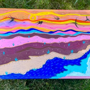 Hand Painted Cedar Keepsake Box: Landscape Bird Design