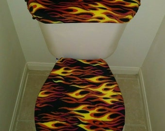 Hot Rod Flames Fleece Fabric Toilet Seat Cover Set Bathroom Accessories (2PC)
