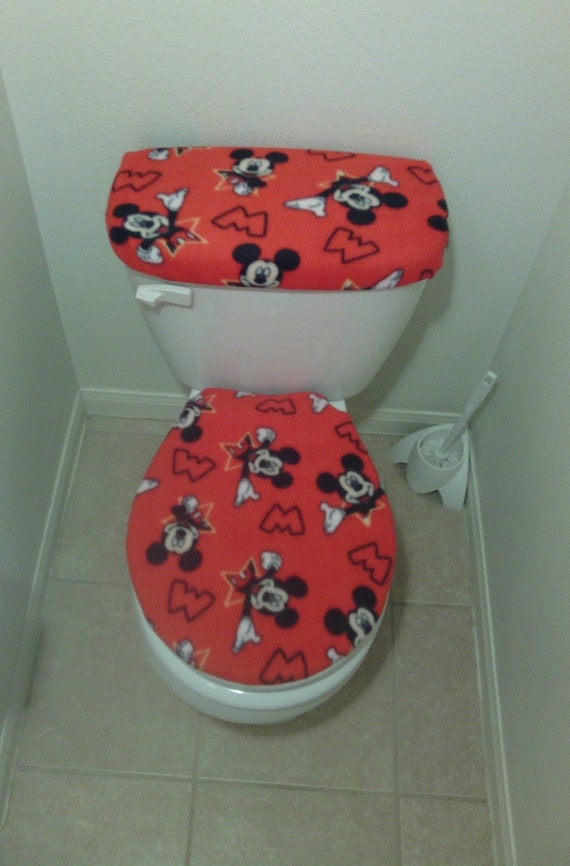Mickey Mouse Red Fleece Fabric Toilet Seat Cover Set Bathroom Accessories 2pc
